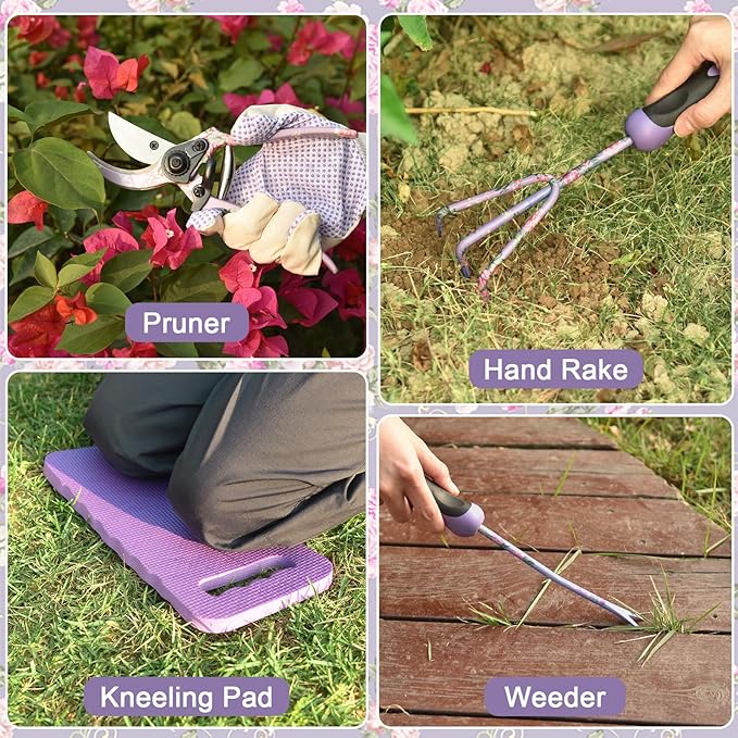 Gardening Tools, WisaKey 10 Piece Heavy Duty Purple Garden Tool Set with Handle, Durable Fashion Garden Supplies Organizer Handbag, Garden Hand Tools Gardening Gifts for Women Grandmother Granny