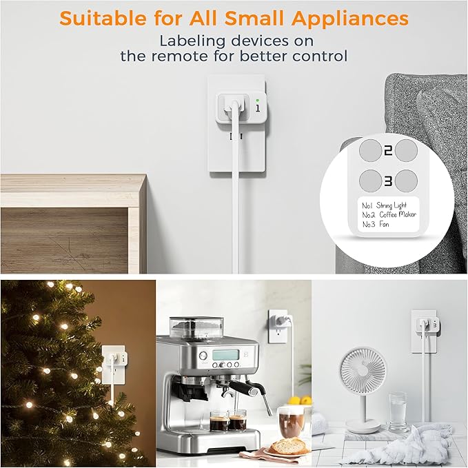 Remote Control Outlet, TESSAN Electrical Light Switch, Plug in Wall Plug with ON/Off Switch for Indoor String Lights, Lamps, Home Small Appliances, 100ft Range (1 Remote + 3 Outlets)