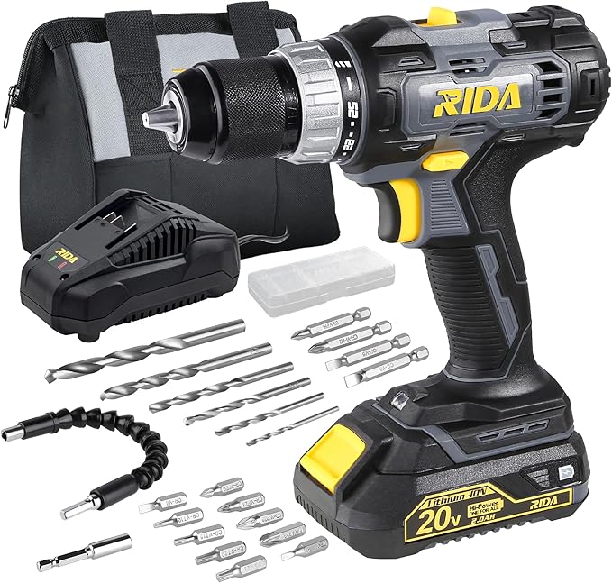 RIDA Cordless Drill Power Drill Cordless 20V 1/2'' Keyless Metal Chuck 355 In-lb(40N.m) Torque with 2.0AH Li-ion Battery & Fast Charger, Variable Speed, 25+1 Position and 22pcs Bits