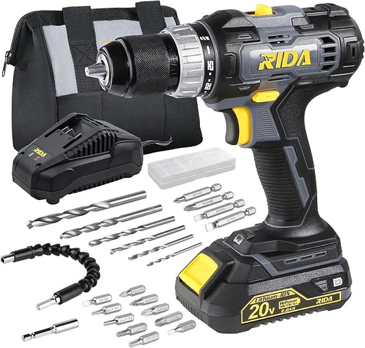 RIDA Cordless Drill Power Drill Cordless 20V 1/2'' Keyless Metal Chuck 355 In-lb(40N.m) Torque with 2.0AH Li-ion Battery & Fast Charger, Variable Speed, 25+1 Position and 22pcs Bits