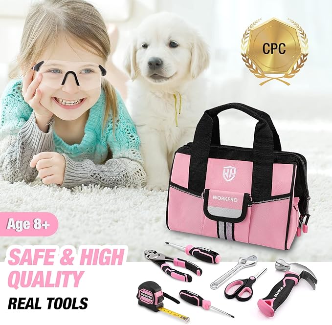WORKPRO 9-Piece Kids Real Hand Tool Set, Pink Junior Tool Kit with Storage Bag for Boys, Girls, Children DIY Building and Woodworking, Age 8+