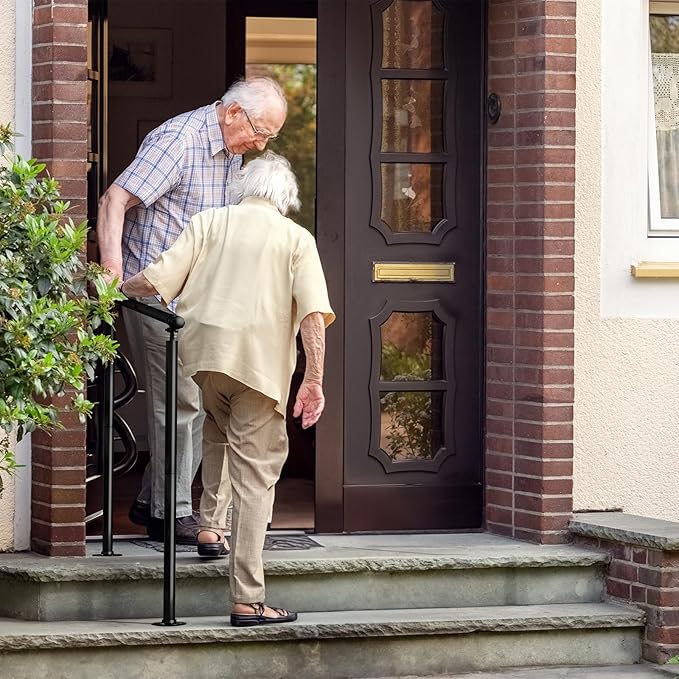 Shinoske Outdoor Handrail,Stair Handrail,Metal Handrails with Installation Kit for Concrete, Porch Steps,One-Step Assembly, Black, 1 Pack, Hand Rails for Outdoor Steps Fit 2 to 3 Steps
