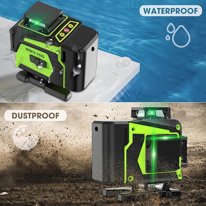 16 Line Laser Level 360 Self Leveling, 4x360°Professional 4D Green Cross Line laser Level with 2 Batteries, Adjustable Brightness & Remote Control, for Tiling Floor Construction and Picture Hanging