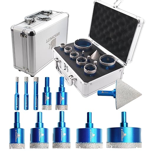 Diamond Core Drill Bit Set - BRSCHNITT Diamond Hole Saw Kit for Porcelain Tile Ceramic Marble Granite Drilling Triangle Shank 11pcs 6/8/10/20/25/28/32/35/50/65mm bits &2“ Chamfer bit