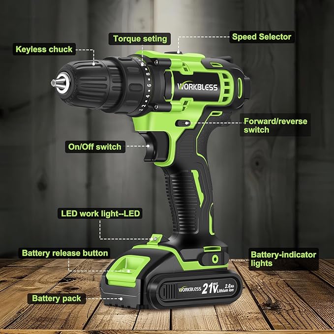 WORKBLESS 21V Power Drill Set, Cordless Drill with 2 Batteries and Charger, 3/8'' Keyless Chuck, Variable Speed, 18+1 Torque Setting and 28pcs Bits Tool Set(Green)