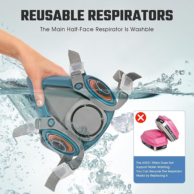 Reusable Half Facepiece Respirator Mask - Gas Masks with 2 Pieces 60921 Filters for Organic Vapor Protection Chemicals Spray Welding Epoxy Resin Dust 6200 Blue