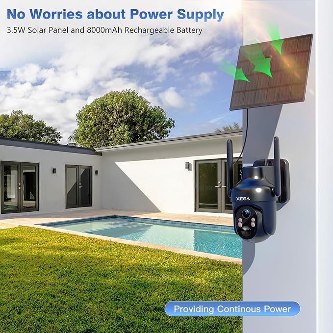 Xega 4 Pack Security Camera Wireless Outdoor, 2K PTZ Camera WiFi Surveillance Rechargeable Battery with Solar Panel, Color Night Vision, 2-Way Audio, PIR Motion Detection, Spotlight & Siren, IP66