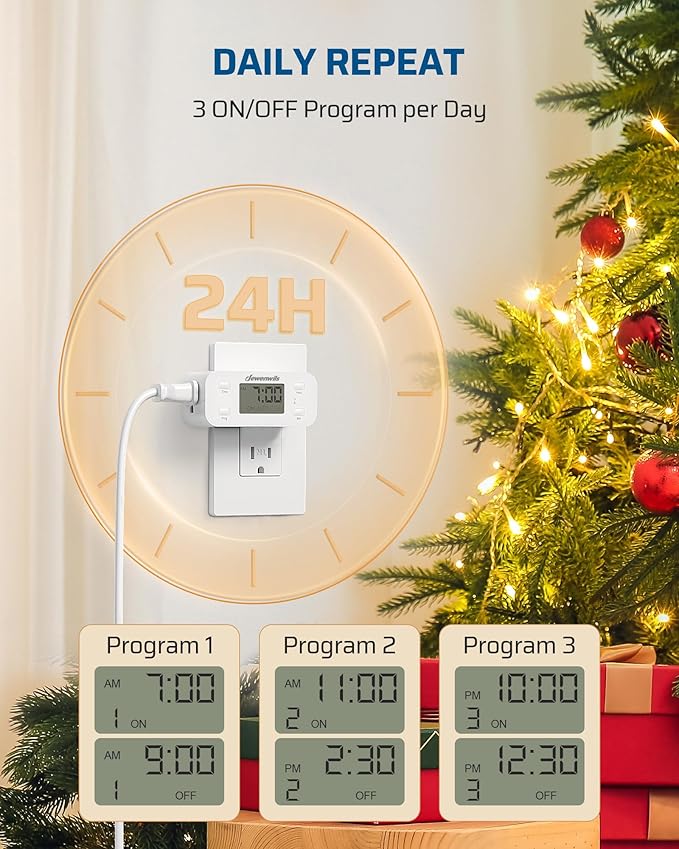 DEWENWILS 24 Hour Programmable Digital Timer Outlet, 2 Pack Timers for Electrical Outlets, Light Timer for Indoor Lamp Fan Aquarium, 1 Grounded Outlet, 125V/15A/1000W, 3 Prong, 1/2 HP