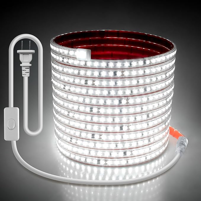 White LED Strip Lights 110V for Bedroom 20FT Adhesive Flexible Outdoor Waterproof LED Rope Light for Outside AC 110V-120V 2835 120LED/M LED Tape Light with Switch Plug in for Bedroom Indoor