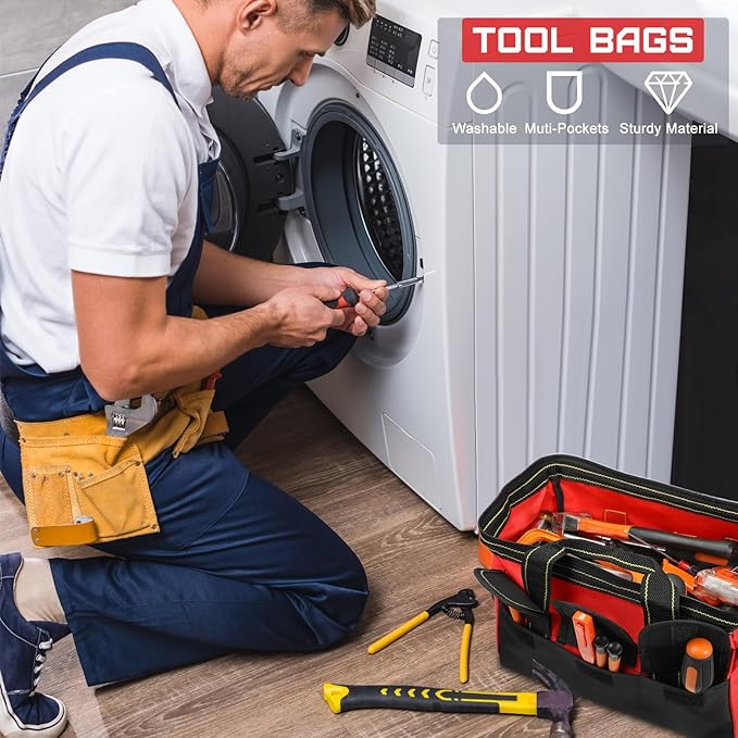 Sanwuta 3 Pack Tool Bag for Men with Waterproof Hard Bottom, Heavy Duty Tool Bag Wide Mouth Tote for Various Instrument, Electrician Carpenter Mechanic (16 Inch,Red, Army Green, Yellow)