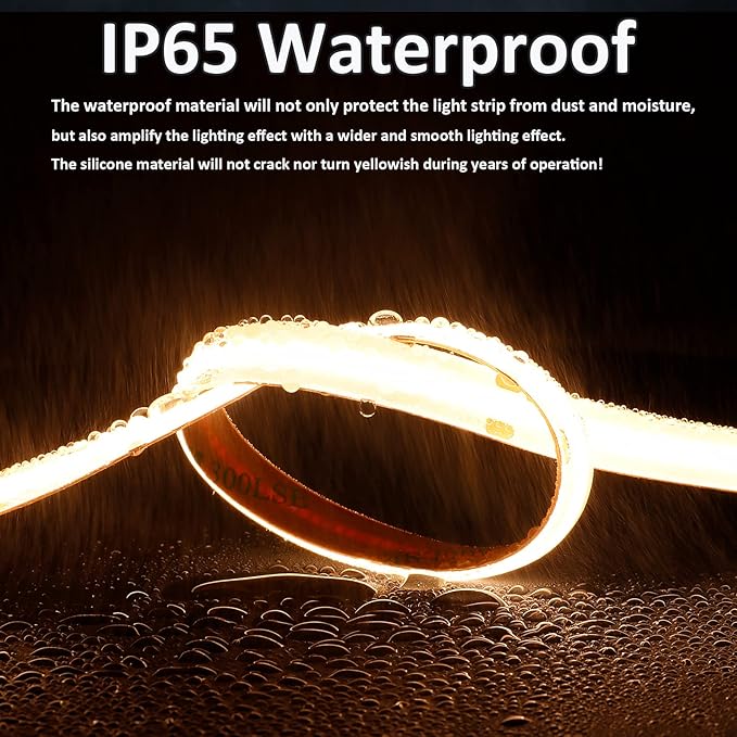 JOYLIT 24V COB LED Strip Lights 3000K Warm White Dual Row 16.4ft Waterproof 787LM/FT Ultra Bright CRI 95+, UL Listed PRO 7.6W/FT 960LEDs/M High Density 12MM Wide Adhesive Tape Light Task Lighting