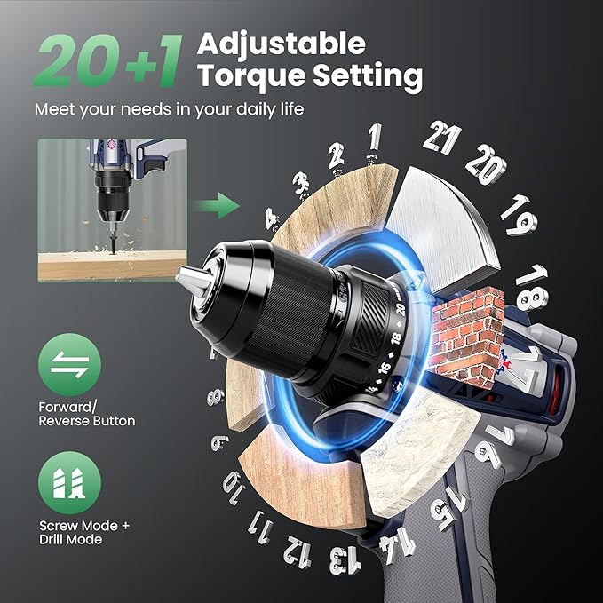 20V Cordless Drill, 620 in-lbs Torque, 3/8" Metal Keyless Chuck with Safety Lock, Brushless Power Drill with 2.0Ah Battery and Charger, 2+1 Variable Speed, 20+1 Position Electric Drill Driver with LED