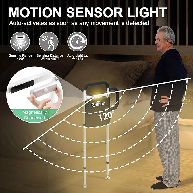 RELIANCER Bed Safety Rail for Elderly Adults w/Support Leg & Motion Light,Dual Handle Assist Grab Bar for Seniors,Adjustable Bedside Support Railings,Bed Side Assist Guard Rail,Bedside Hand Guard Bar