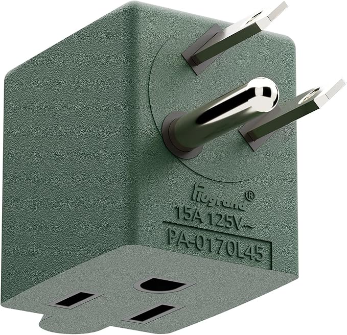90 Degree Leftward Angled USA 3-Prong Male-Female Adapter, 5-15P to 5-15R Direction Changer, Green