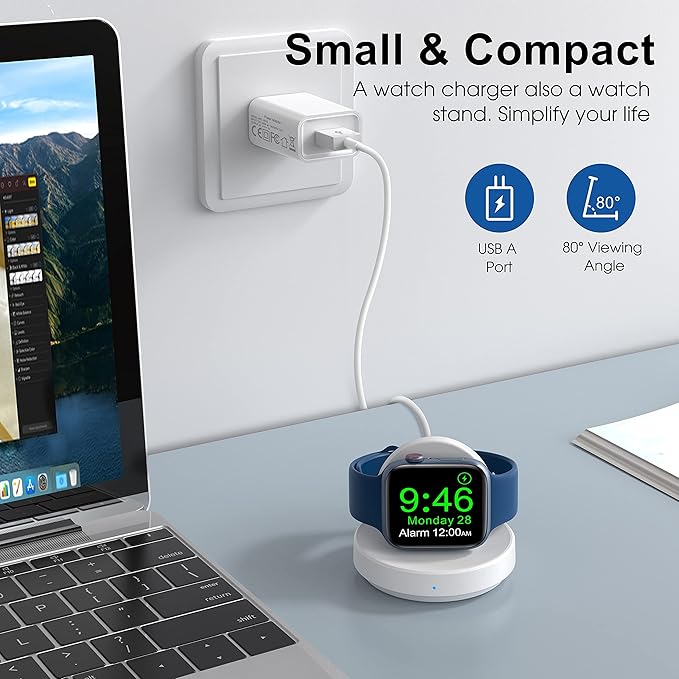 Charging Stand for Apple Watch, Magnetic Wireless Portable Watch Charger Stand with Charging Cord&Adapter Compatible with iWatch Series 10 9 8 7 SE 6 5 4 3 2/Ultra 2, Supports Nightstand Mode-White