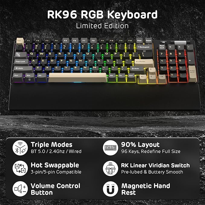 RK ROYAL KLUDGE RK96 RGB Limited Ed, 90% 96 Keys Wireless 3-Mode BT5.0/2.4G/USB-C Hot Swappable Mechanical Keyboard w/Wrist Rest, Volume Control, Software, Massive Battery, RK Viridian Switch