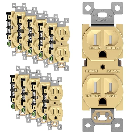 ENERLITES Elite Series Duplex Receptacle, Residential Grade Wall Outlet, Duplex Electrical Outlet, Self-Grounding, 3-Wire, 2-Pole, 15A 125V, UL Listed, 61580-GD-10PCS, Gold, 10 Pack