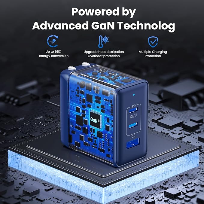 130W USB C Charger Block,3-Port GaN Fast Charger,Compact Foldable Type C Fast Charging Wall Charger,PD QC 65W USB C laptop Charger for MacBook Pro/Air,iPad Pro,iPhone16/15,Galaxy Series,Dell XPS(Blue)