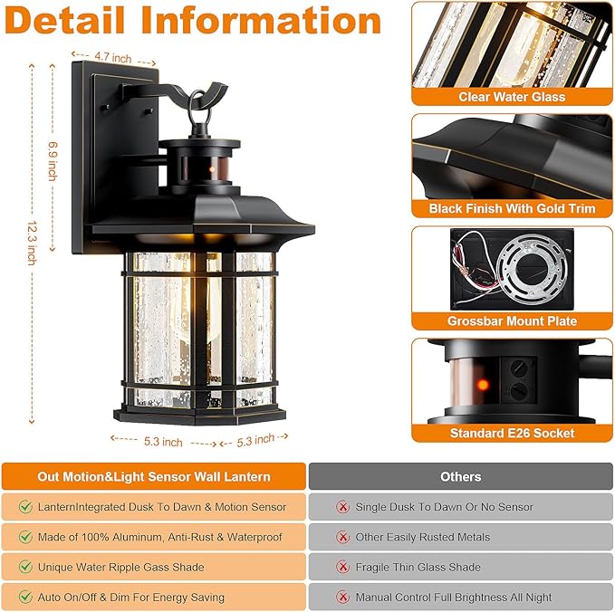 Motion Sensor Outdoor Lights 2 Pack, Dusk to Dawn Outdoor Lighting, Exterior Light Fixtures with 3 Working Modes, Wall Mounted IP65 Waterproof Lights for House Porch Patio, Black(Gold Trim)