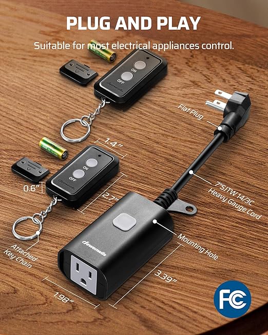 DEWENWILS Outdoor Remote Control Outlet, 15A Wireless Remote Control Switch, 100FT Control Range&14AWG SJTW Power Cord, for Lights Outdoor Appliances, 2 Remote Controls+1 Outlet, FCC Listed