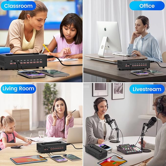 Portable USB~C Charger Block, 200W(20A) 20 Port (10 A & 10 C Port) Home Fast Charging Station for Multiple Devices, Desktop USB Wall Charger Compatible with iPhone, iPad, Kindle, Tablets, Watch