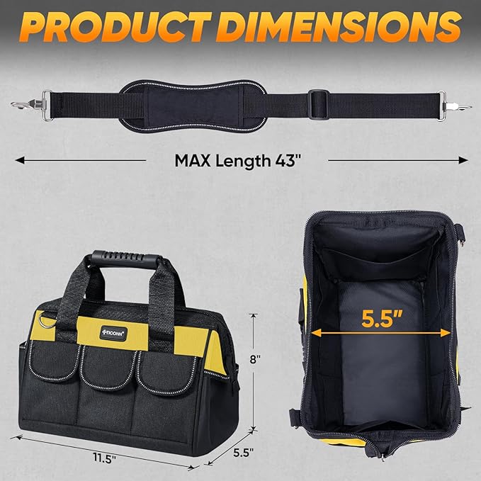 TICONN Heavy Duty Tool Bag with Multi-Pockets, Portable Tool Box Organizer Storage Bag, with Adjustable Shoulder Strap and Ergonomic Handle (Yellow, 12" Standard Base)