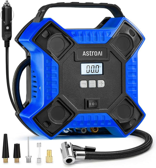 AstroAI Air Compressor Tire Inflator Portable Air Pump for Car Tires, 12V DC Integrated Metal Structure Tire Pump 160PSI with LED Light for Cars, Bicycles, Motorcycles, and Other Inflatables(Blue)