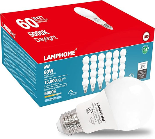 24-Pack Daylight White LED Bulbs - Brighten Your Bedroom & Living Room, 60W Equivalent, 5000K, 9W, 15000-Hour Life, E26 Base
