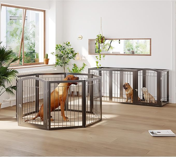JSB 192-inch Extra Wide 30-inch Tall Dog gate with Door Walk Through,Full Matel Freestanding Pet Gate for Halls, Stairs & Home, Pet Puppy Safety Dog Fence with 4PCS Support Feet (Black)