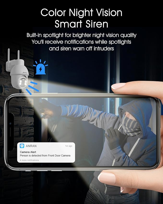 ANRAN 4K Ultra HD [2025 Upgraded Chipset] 4K Outdoor Security Camera, Adjustable BC Solar Panel, 360° PTZ, Color Night Vision, IP67 Waterproof, No Monthly Fee, Wireless 2.4G WiFi Camera for Home