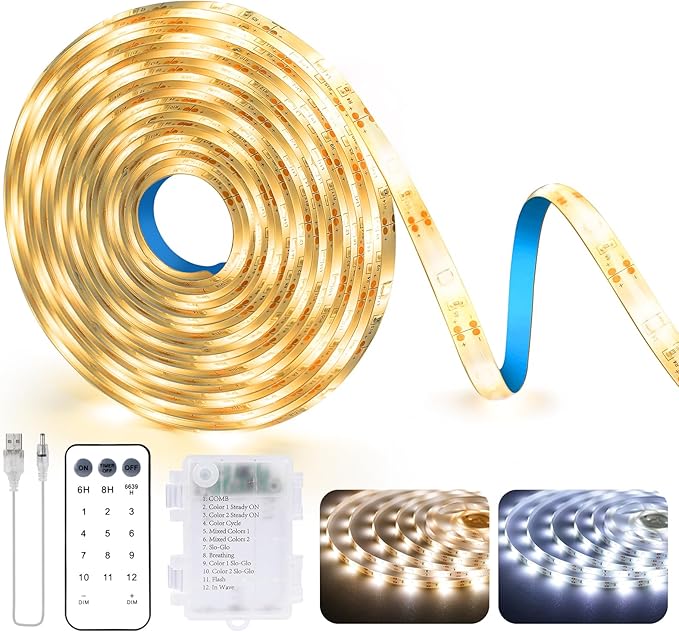 OMIKA Battery Led Strip Lights,9.9Ft 90LED 2700K-6000K Tunable White Under Counter Lights LED Light Strips with Remote & USB Dimmable,Timer,Cuttable for Kitchen,Shelf,Stairs,Indoor,Outdoor
