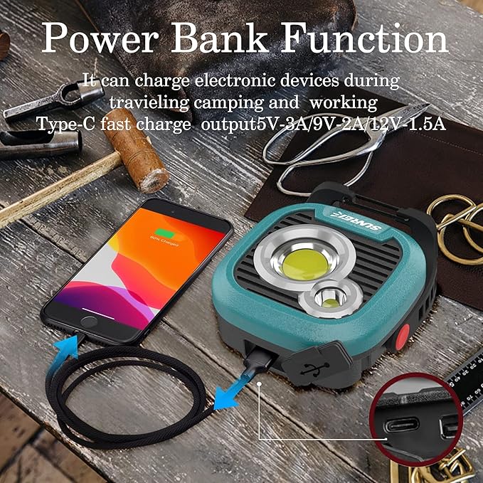 LED Rechargeable Magnetic Work Light SUNREI Mechanic Light Power Bank 180° Rotating, 1500LM, 6 Modes, Magnetic&Hook, 13500mAh Battery, Magnetic Flashlight for Camping, Car Repairing (Blue)