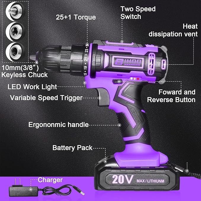 Purple 20v Cordless Drill With Battery And Charger, Electric Screwdriver Kit, 25+1 Torque, Stud Finder Ready,Front LED Light