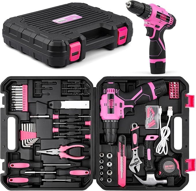 152PCS Home Tool Kit with 12V Cordless Drill, Pink