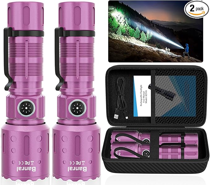 Flashlights High Lumens Rechargeable, Super Bright Long Range Small Powerful Flashlight, 6 Modes LED Tactical Pocket Waterproof Flash Light for Home Emergency (2, Purple)