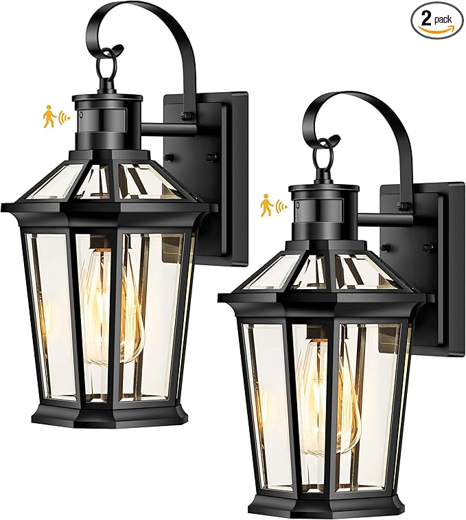 VIANIS Motion Sensor Outdoor Wall Lantern, Black Waterproof Dusk to Dawn LED Exterior Wall Sconce, Anti-Rust Aluminum Modern Outside Porch Light Wall Mount for House, Garage, Entryway 2 Pack
