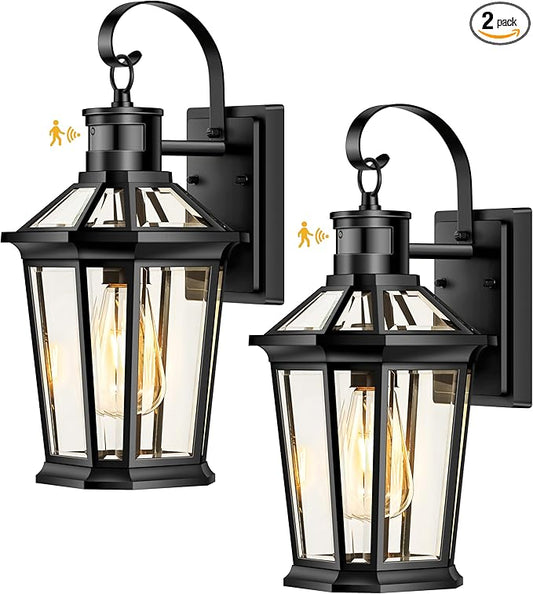 VIANIS Motion Sensor Outdoor Wall Lantern, Black Waterproof Dusk to Dawn LED Exterior Wall Sconce, Anti-Rust Aluminum Modern Outside Porch Light Wall Mount for House, Garage, Entryway 2 Pack