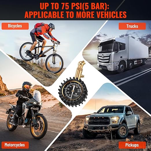 ETENWOLF Tire Pressure Gauge for Cars 0-75 PSI, Air Pressure Gauge with Large Glow Dial, Calibrated to ANSI B40.1 Grade A(Plus-Minus 1%), Tire Gauge for Tire Pressure Car Accessories (Vivid Orange)