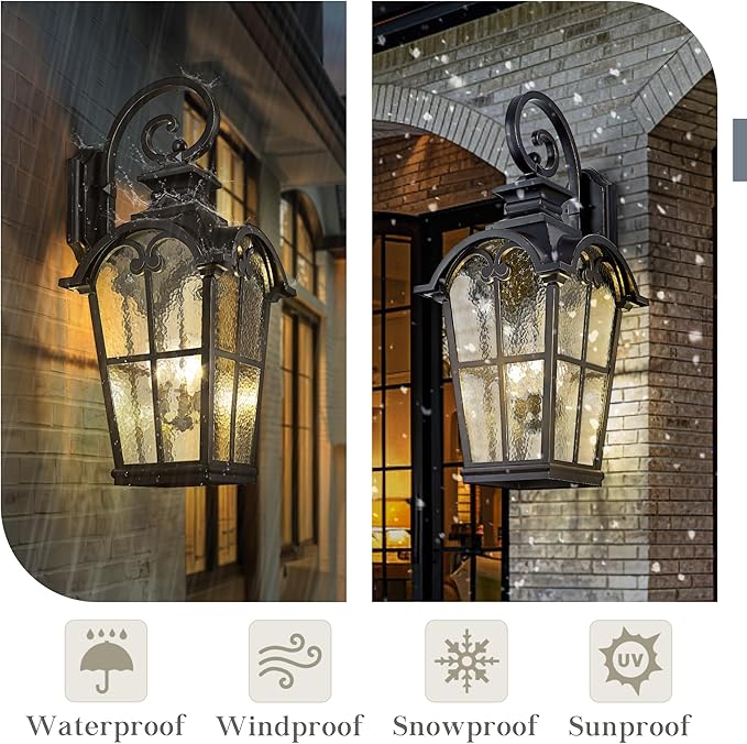 Emliviar 48 Inch Vintage Outdoor Light Wall Mount, 3-Light Extra Large Exterior Light Fixture for Porch with Water Glass Shade, Black Finish with Gold Edges, WE215B-XB BG
