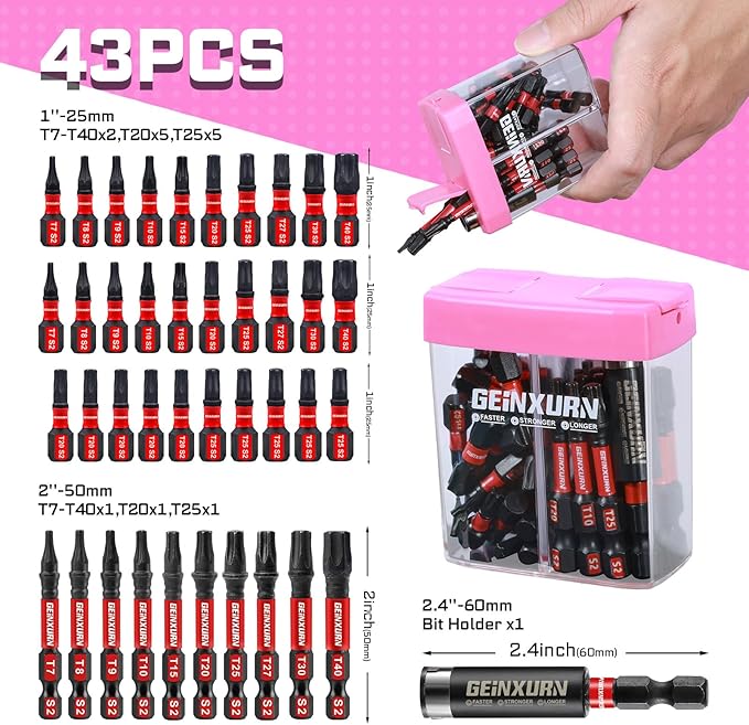 Impact Torx Screwdriver Bits Set,43 Pcs(T7-T40) Magnetic 1"& 2" Long S2 Steel Torx Driver Bits with Magnetic Bit Holder Storage Colorful Box