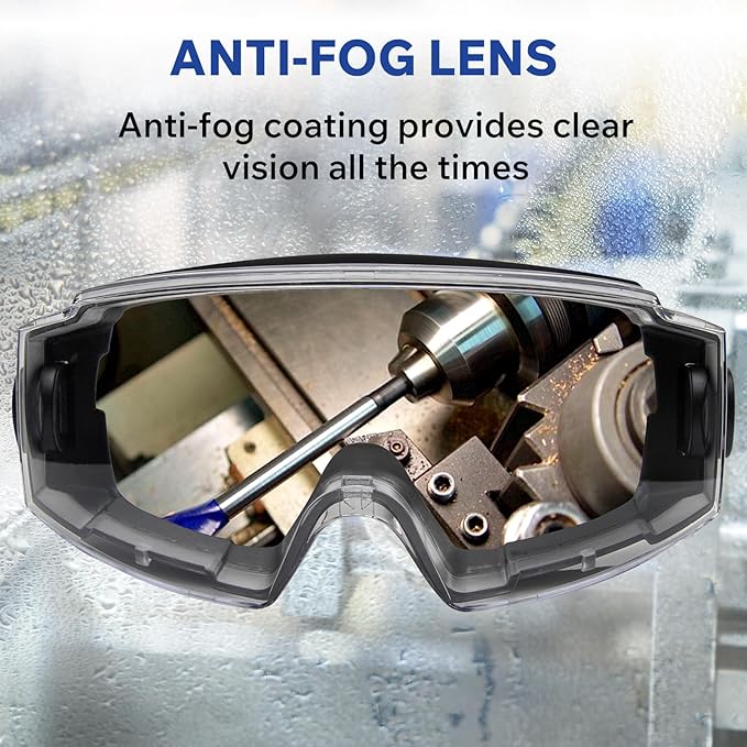 Safety Goggles Over Glasses - ANSI Z87.1 Certified Eye Protection for Chemistry Lab Work & Industrial Use - Anti-Fog Clear Lens, Impact Resistance - Adjustable Strap - Men & Women (2 Pack)