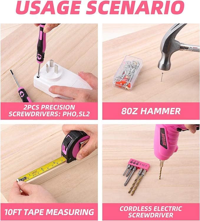 Pink Tool Set for Women, 126-Piece Lady's Power Screwdriver Cordless Rechargeable Set Home Repairing Tool Set with 13-Inch Wide Mouth Open Storage 126PCS 3.6V Electric Screwdriver Tool Bag