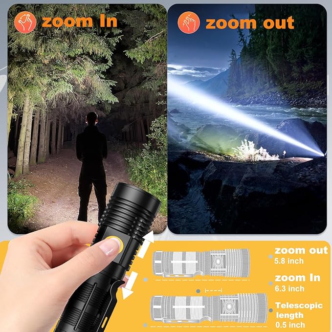 Rechargeable Tactical Flashlights High Lumens - 1500 Meters Long Beam Super Bright LED Magnetic Flashlight USB Zoomable 5Modes Small Long Beam Spotlight Flashlight for Hiking, Camping