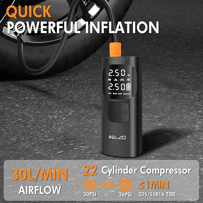 ELZO Tire Inflator Air Compressor, 7500mAh Rechargeable Car Tire Air Pump Portable with Digital Pressure Gauge 150PSI 3X Fast Inflation, Auto Shut Off, Cordless Mini Pump for Motorcycles Bikes Balls