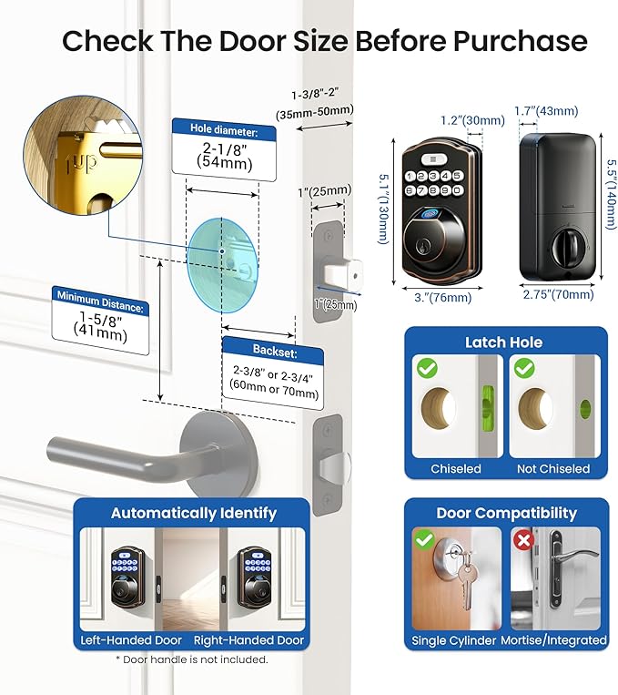 Veise Fingerprint Door Lock, Keyless Entry, Auto Lock, Electronic Keypad Deadbolt for Front Door, Biometric, Anti-Peeking Password, Easy Install, Oil Rubbed Bronze