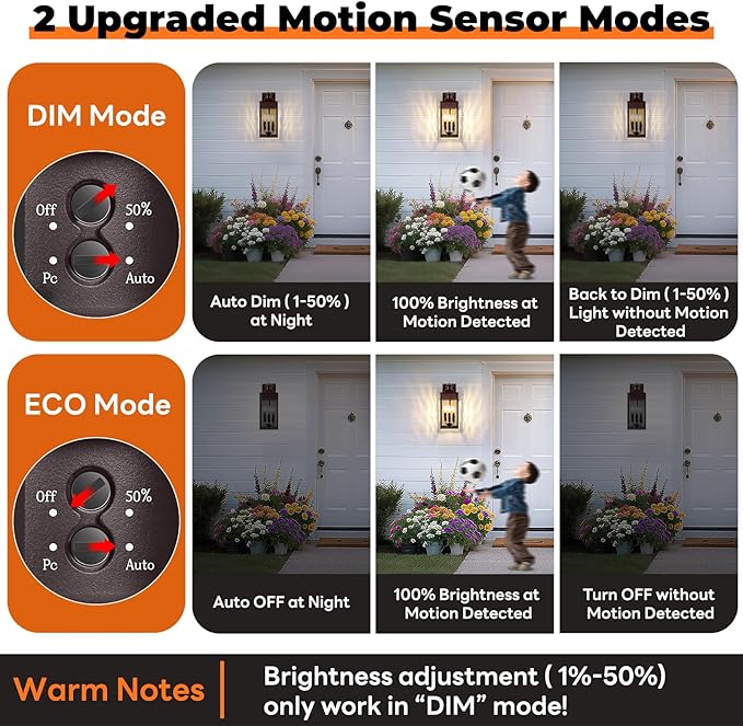 3-Light Motion Sensor Outdoor Wall Light, Waterproof Exterior Wall Sconce Light Fixture with Water-Rippled Glass, Dusk to Dawn Brown Outside Wall Lantern for House, Porch, Patio,Bulbs Not Included