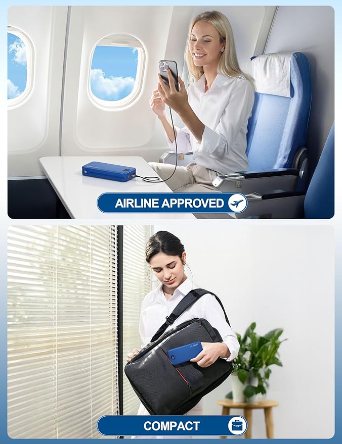 Portable Phone Charger, 20000mAh 22.5W USB C Fast Charging Power Bank with Built-in Cables & Wall Plug, External Battery Pack with LED Display, Ultimate Travel Essential for iPhone, iPad, Samsung Navy