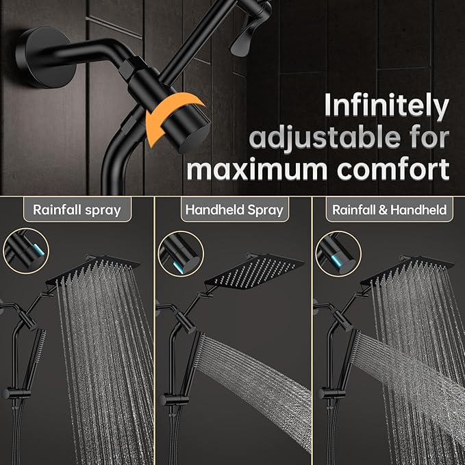 Veken 10" Luxurious All Metal Rain Shower Head with Handheld Spray Combo, High Pressure Rainfall Square Shower Heads with Extension Arm, Wide Dual Showerhead, Bathroom Accessories, Matte Black