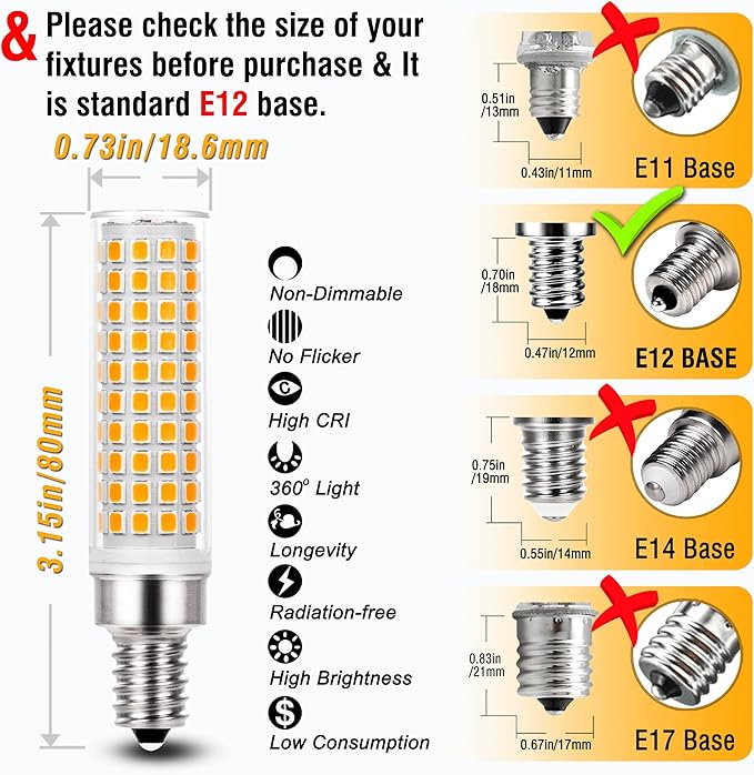 ALIDE E12 100 Watt Equivalent LED Candelabra Bulbs C7,Non-dimmable,2700K Warm White,1200LM T6 E12 10W LED Ceil Fan Light Bulbs for Chandelier Pendant Lighting,5 Pack