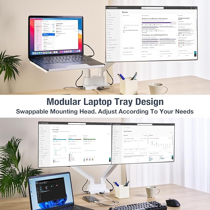 AVLT Dual 17”-38" Monitor Arm Desk Mount with 17" Laptop Tray and USB-C Docking Station, HDMI 4K60Hz, USB-A 5Gbps, Ethernet, 100W PD, Fits Two Flat/Curved Monitor - White